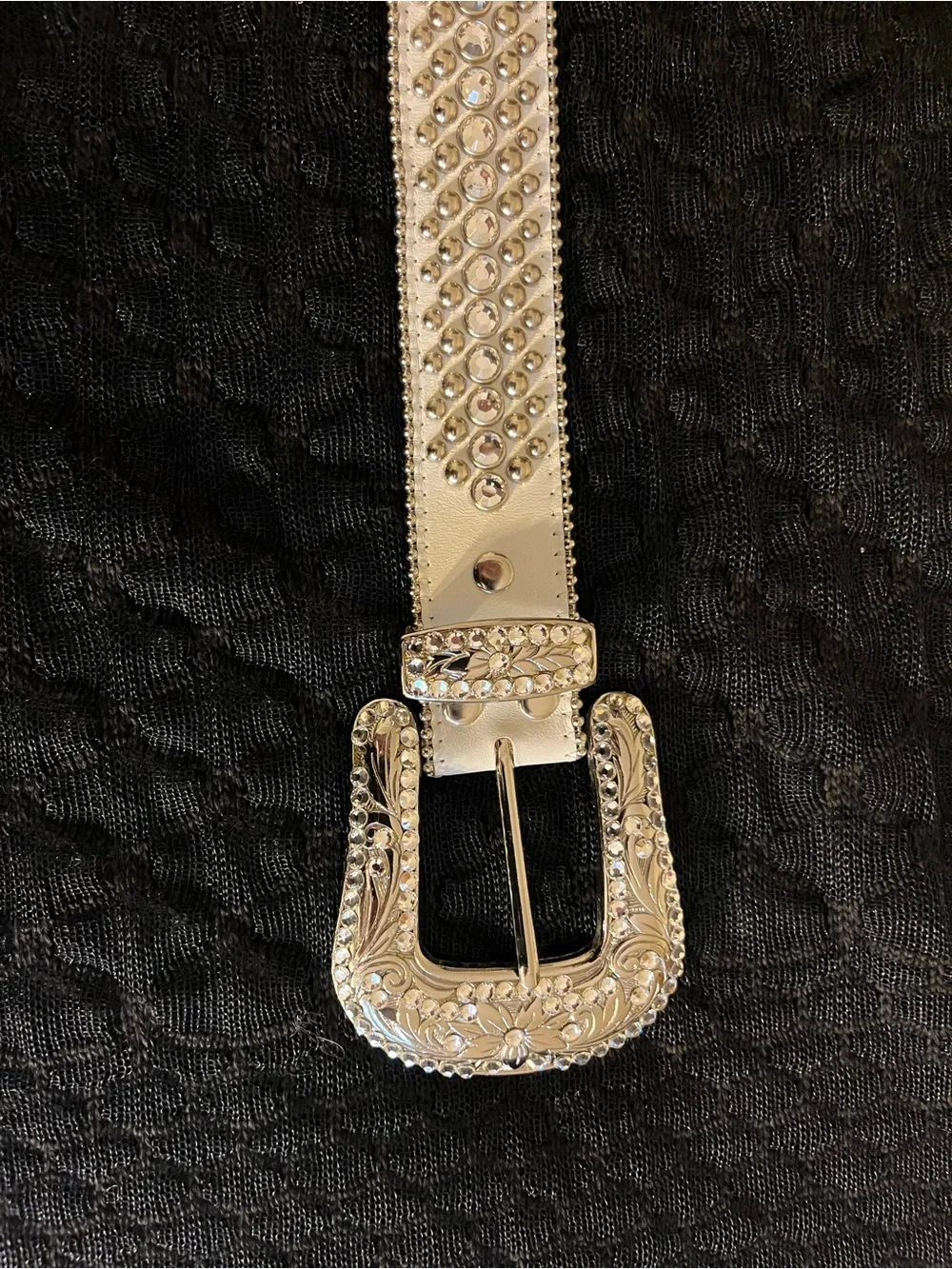 B.B. Simon Crystal-Studded Leather Belt with Rhinestone Buckle